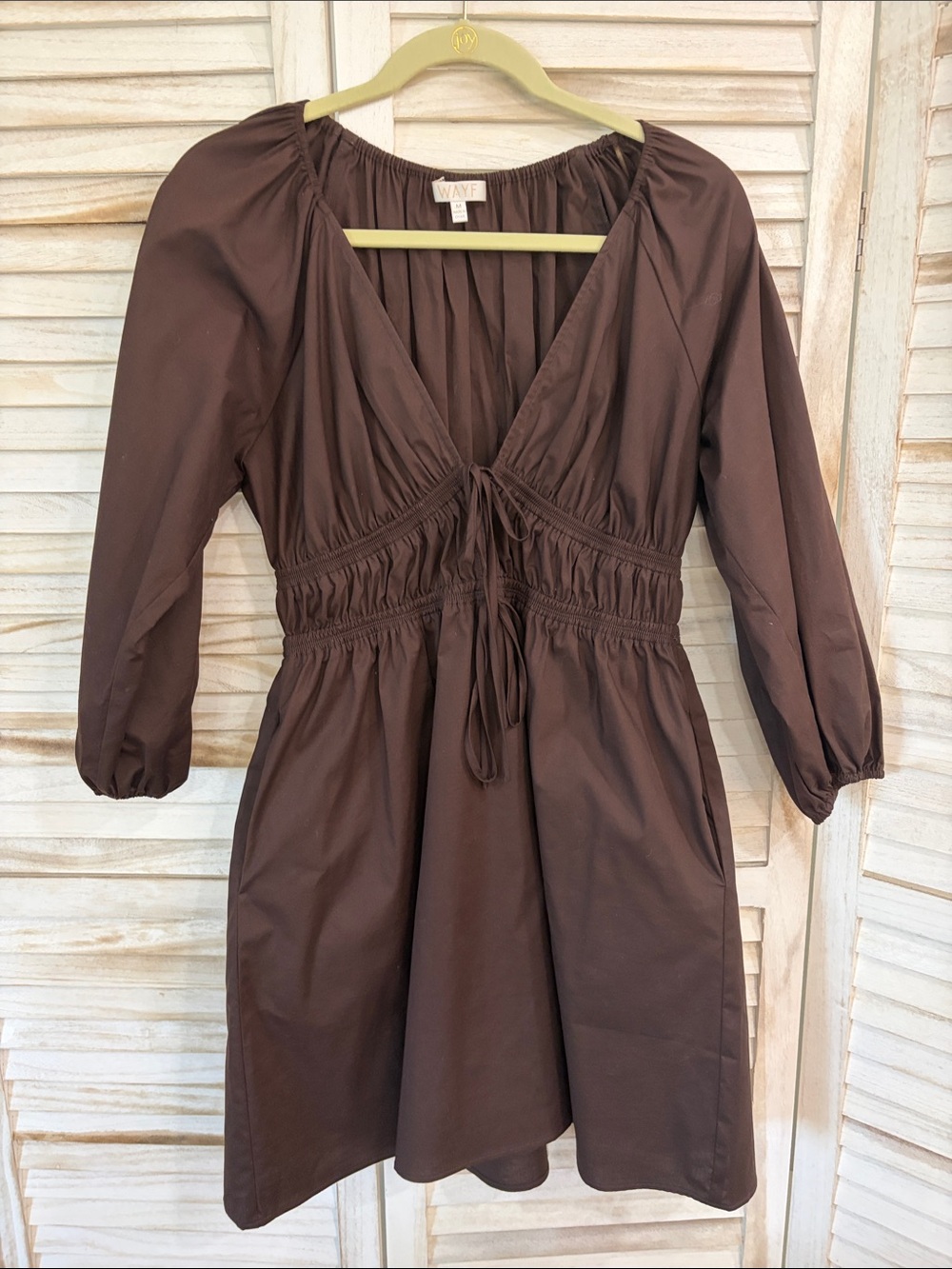 Wayf Chocolate Brown Drawstring V-Neck Mini Dress